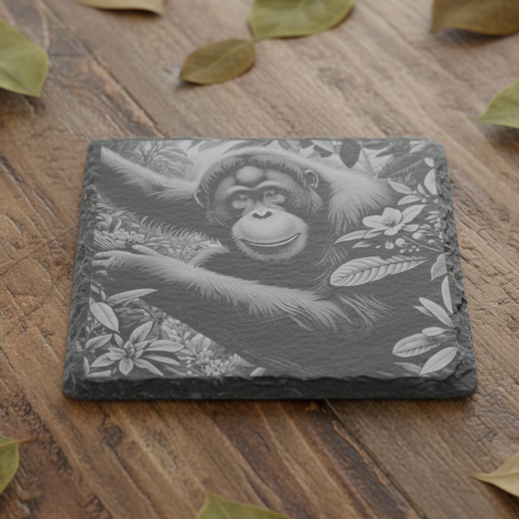 Personalised slate or bamboo coaster featuring a highly detailed engraved orangutan design, natural texture with intricate linework, perfect for animal lovers, wildlife-themed gift, or unique home décor accessory.