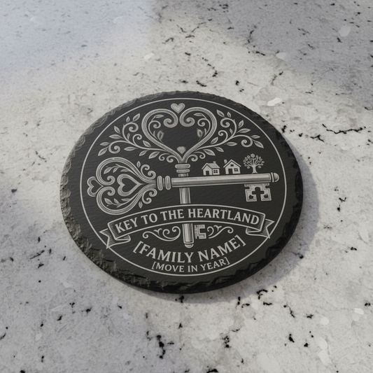 Personalised slate coaster with key design, family name and move in year, unique housewarming gift for new home