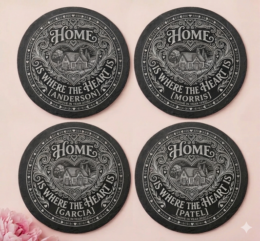 Set of four personalised slate coasters with family name and year, unique housewarming gift for new home