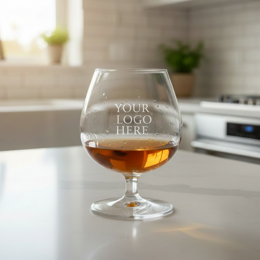 Close up of custom printed name and birth year design on personalised brandy balloon snifter glass, upload your own design