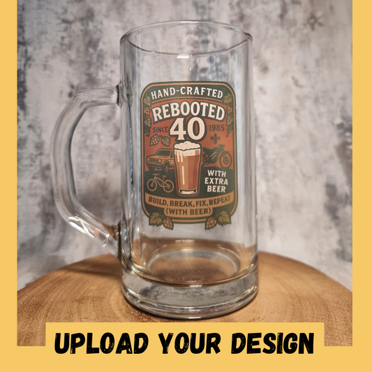 Close up of custom printed milestone birthday design on personalised large glass beer mug, upload your own design gift