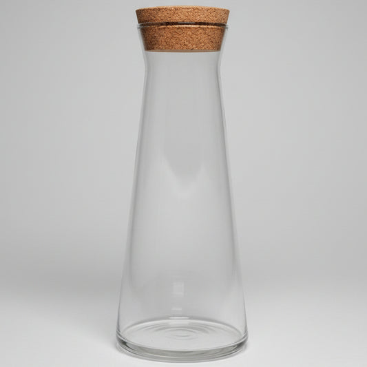 Close up of custom printed design on personalised large glass carafe with cork lid, upload your own design giftdesigns