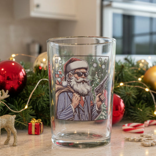 Holly Heist Cheer: Limited Edition Xmas Glass with Gangster Santa, Pinstripes, and Holiday Heat FirstGlassDesigns