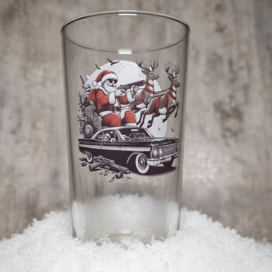 Santa's Sleigh Drive-By: Edgy Christmas Pint Conical Glass for a Holiday Twist FirstGlassDesigns