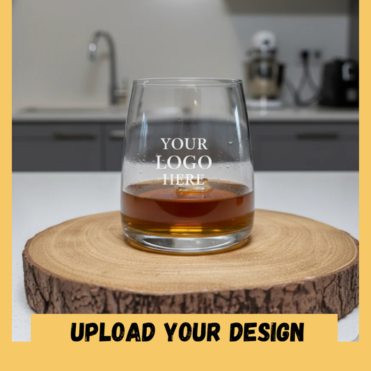 Close up of custom printed Celtic triquetra design on personalised stemless whiskey tumbler glass, upload your own design gift