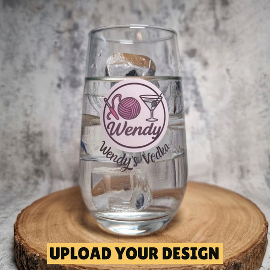 Personalised stemless glass with custom uploaded knitting and cocktail design with name, unique gift for her