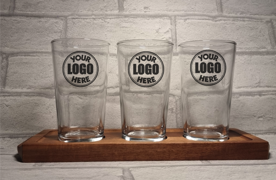 Personalised / Bespoke Half Pint Tasting Glassware with Wooden Flight Paddle Board