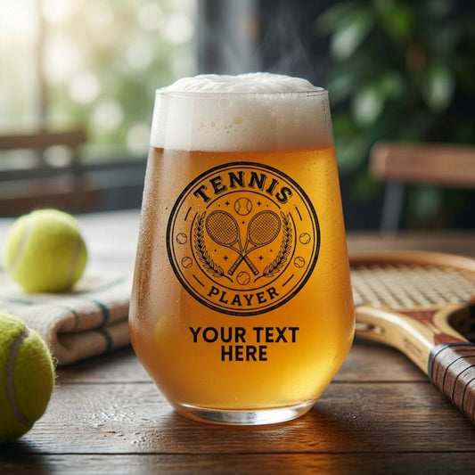 A frosted clear beer glass filled with golden beer, set on a wooden table with tennis balls and a racket in a blurred outdoor background. The glass features a black printed circular tennis graphic with the words 'TENNIS PLAYER' and 'YOUR TEXT HERE'.