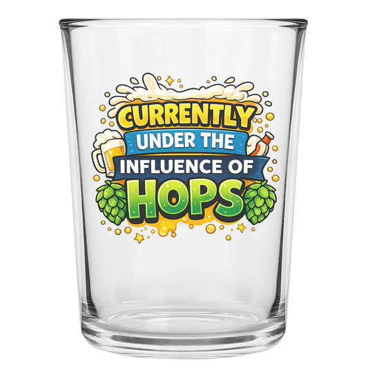 Beer glass with “Currently Under the Influence of Hops” slogan and hops illustration