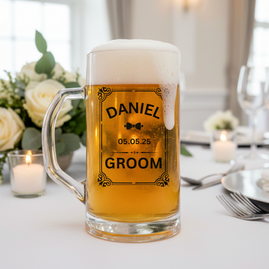 Personalized beer mug with 'Groom' text on a table setting with candles and flowers.
