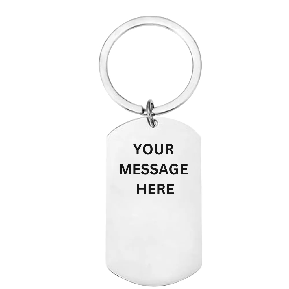 White keychain with 'Your Message Here' text on a white background