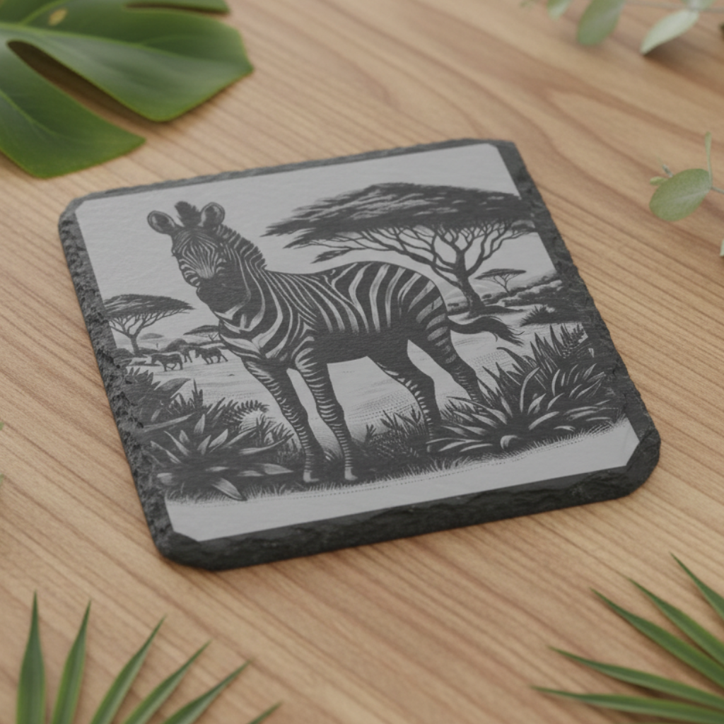 personalised slate or bamboo coaster engraved with a detailed zebra illustration, showcasing its distinctive black-and-white stripes, natural wood or stone texture, perfect for wildlife enthusiasts or as a stylish animal-themed gift.