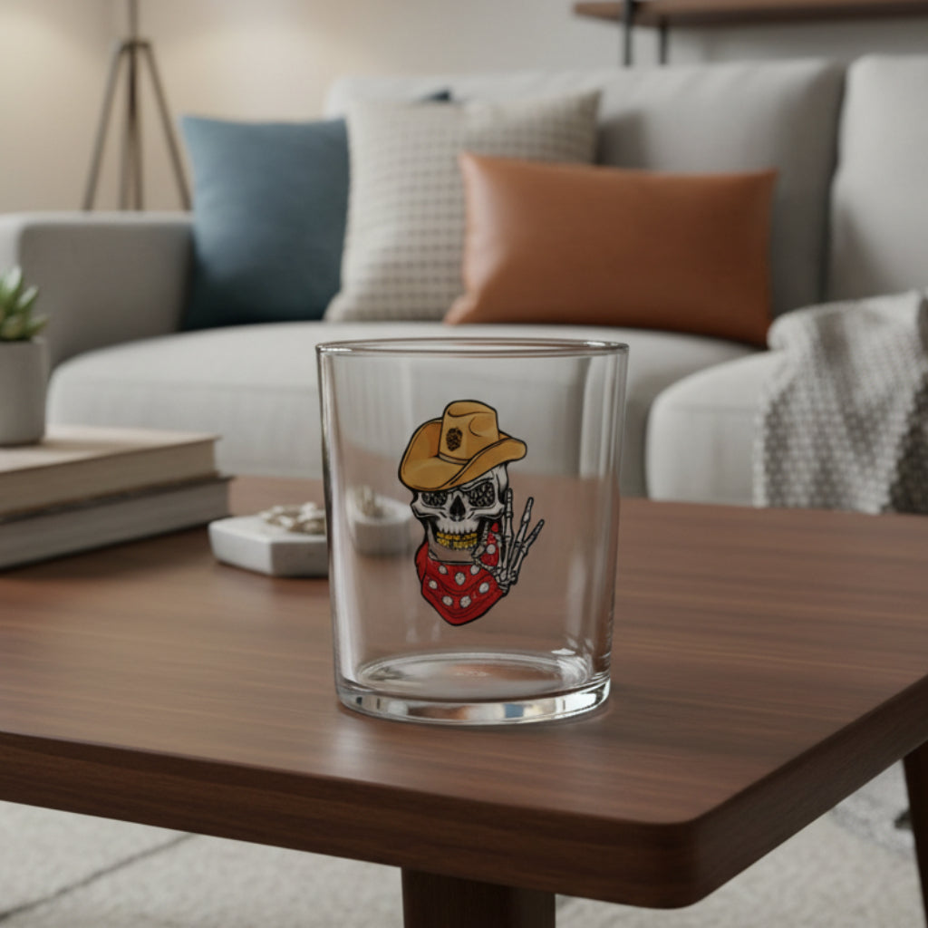 Personalised Retired Cowboy printed beer glass with skull cowboy design — unique personalised gift UK