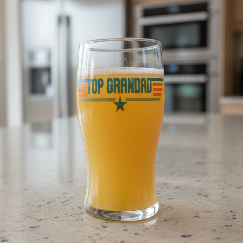 Top Grandad pint glass — aviation-style design with red and blue stripes and star, front view