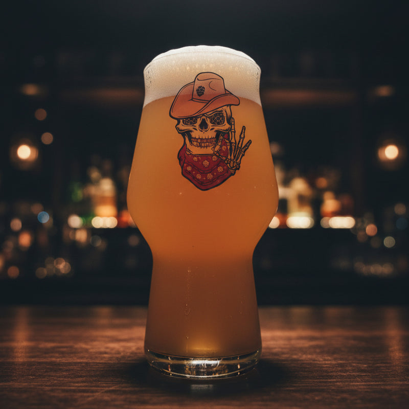 Retired Cowboy personalised skull cowboy printed beer glass — dark Western gift by First Class Designs UK