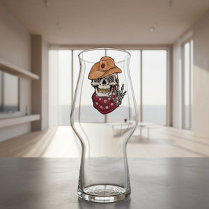 Personalised Retired Cowboy skull design beer glass — unique alternative printed glassware gift UK