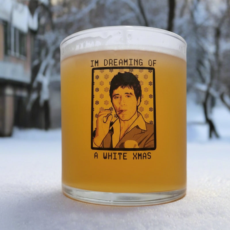 Scarface Christmas beer glass — I'm Dreaming of a White Xmas illustrated design, front view
