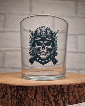 Military skull tumbler glass — lifestyle shot showing glass in use
