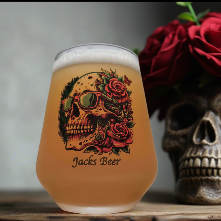 Sip in Style: Custom Beer Glass with Vibrant Skull and Roses Design