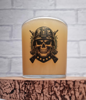 Military skull tumbler glass — army helmet and crossed rifles illustration detai