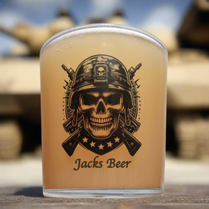 Military skull personalised tumbler glass — front view of full design