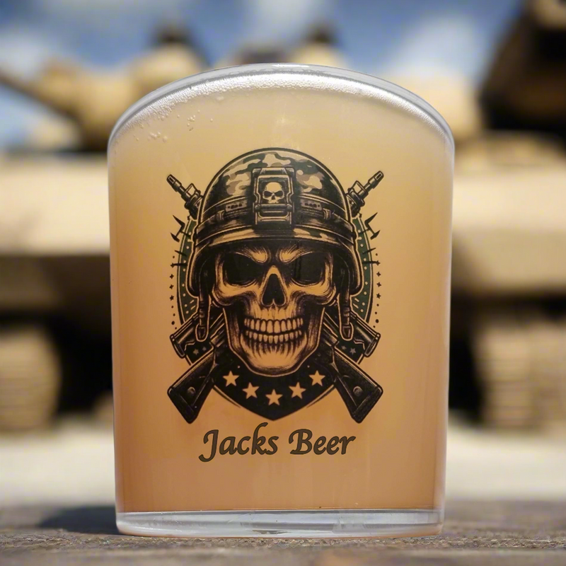 Military skull personalised tumbler glass — front view of full design