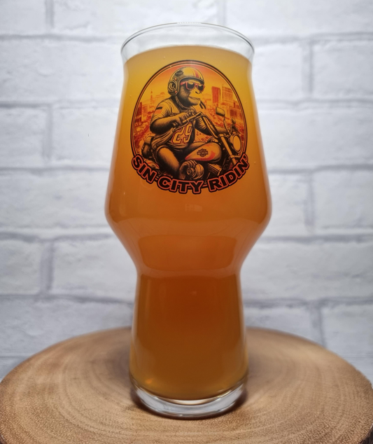 Vegas Vibes: Monkey on a Harley Brewmaster Glass - Roll the Dice on Unique Beer Enjoyment!