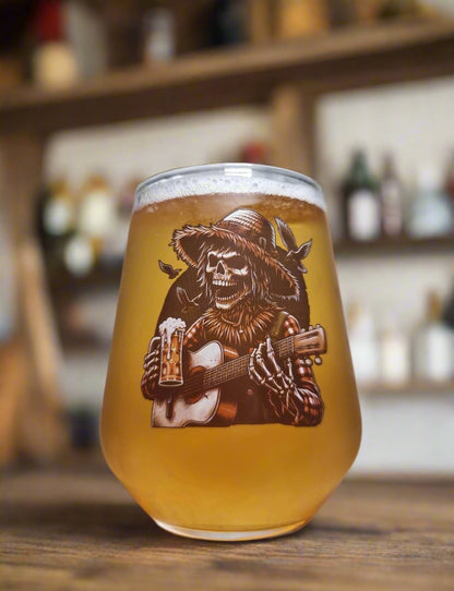 Halloween Horror Beer Glass – Skeleton Scarecrow Playing Guitar Custom Design