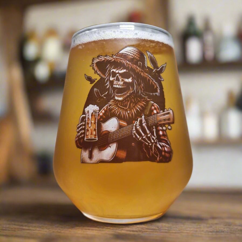 Halloween Horror Beer Glass – Skeleton Scarecrow Playing Guitar Custom Design