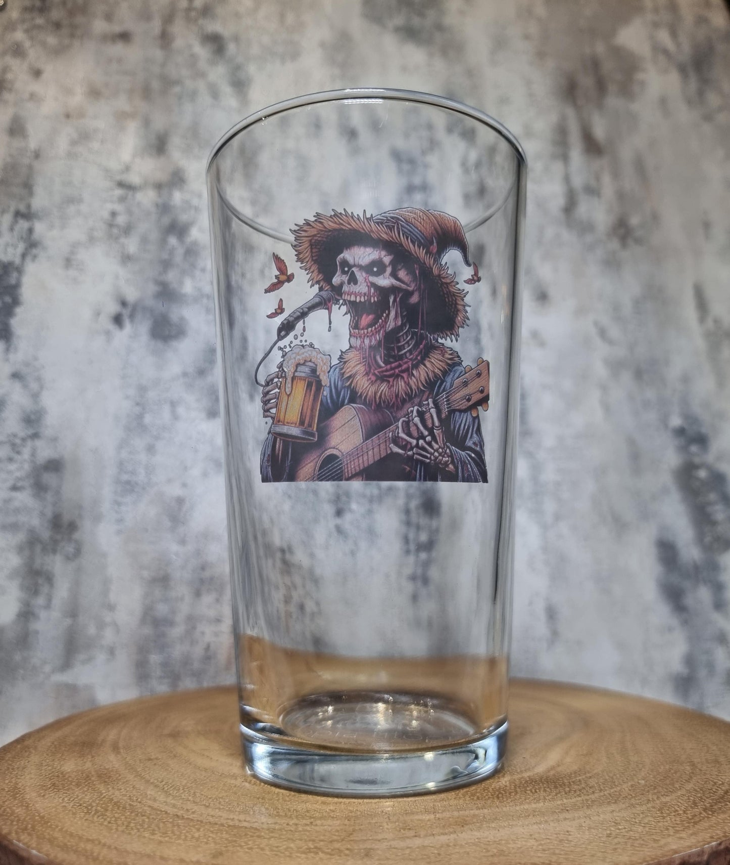 Skeleton Scarecrow Halloween Party Beer Glass – Custom Printed Horror-Themed Drinkware with Guitar Design