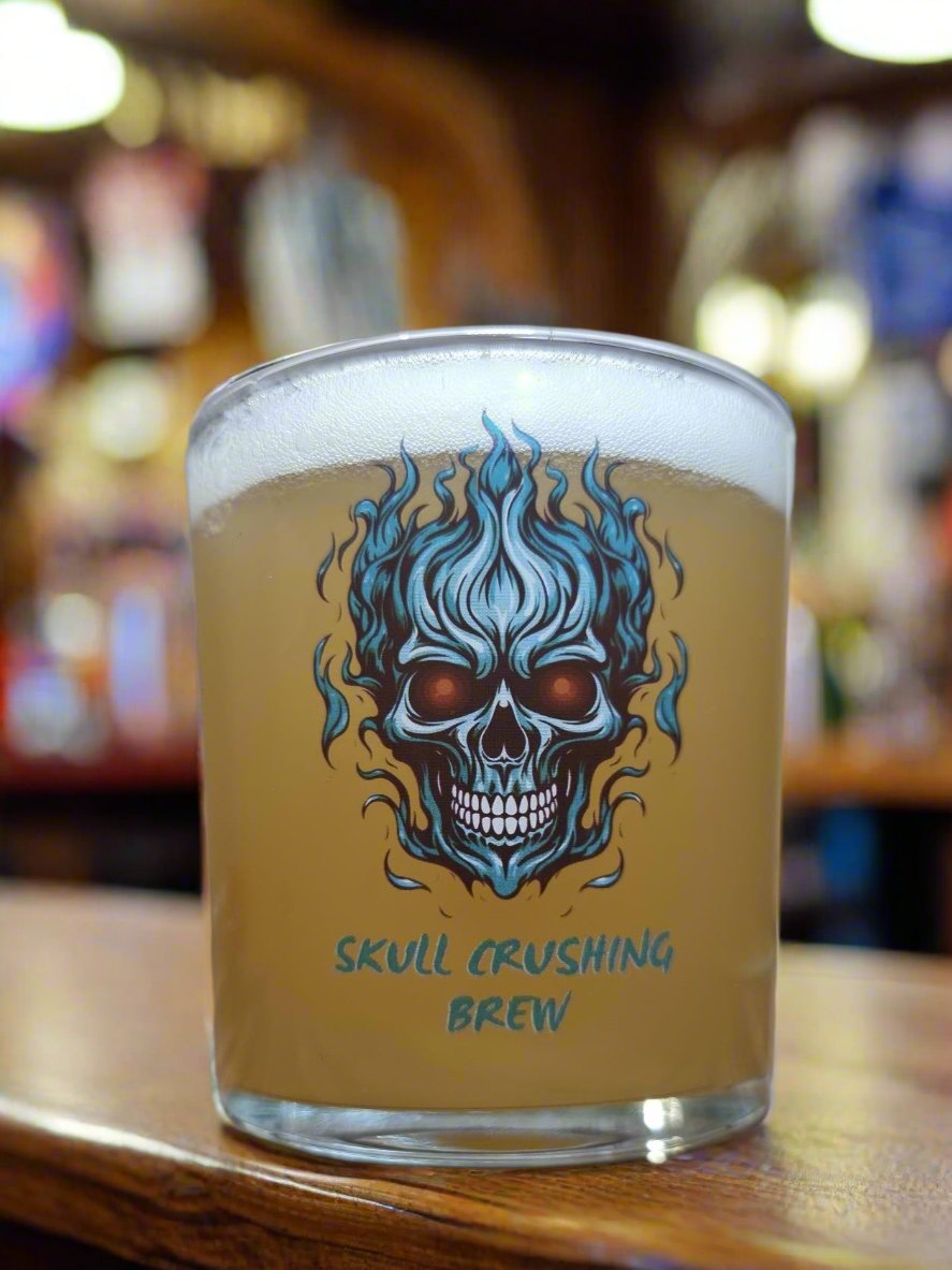 Personalised Printed Skull Beer Glass "Skull Crushing Brew" Custom Engraved Beer Glass