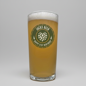 Personalised Birthday Pint Glass | Custom Printed Hop Badge First Glass Designs