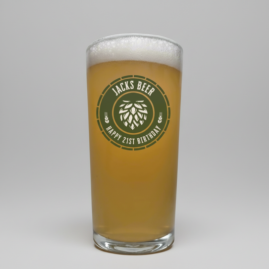 Personalised Birthday Pint Glass | Custom Printed Hop Badge First Glass Designs