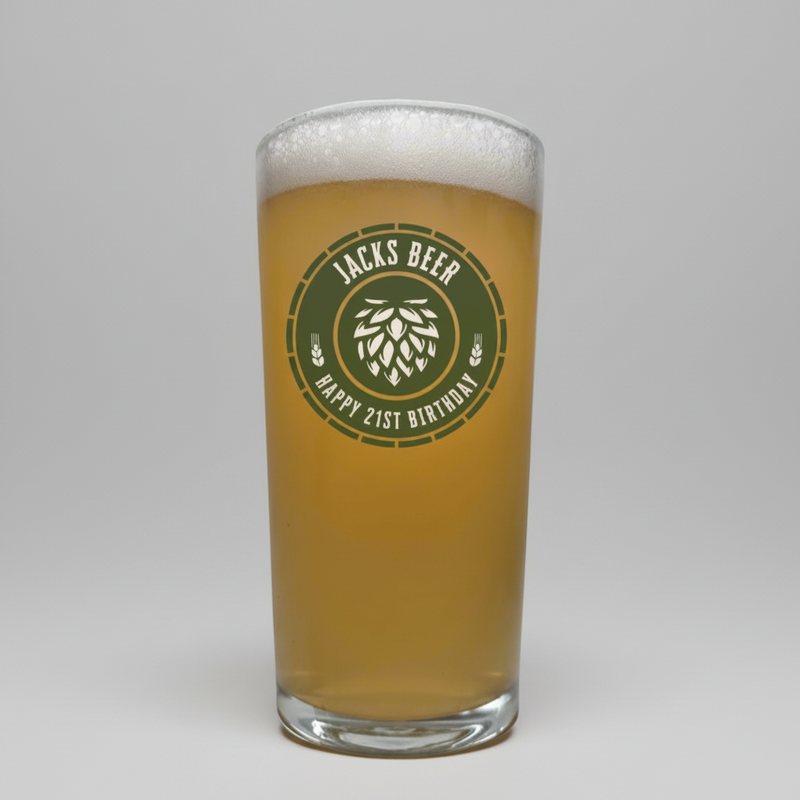 Personalised Birthday Pint Glass | Custom Printed Hop Badge First Glass Designs