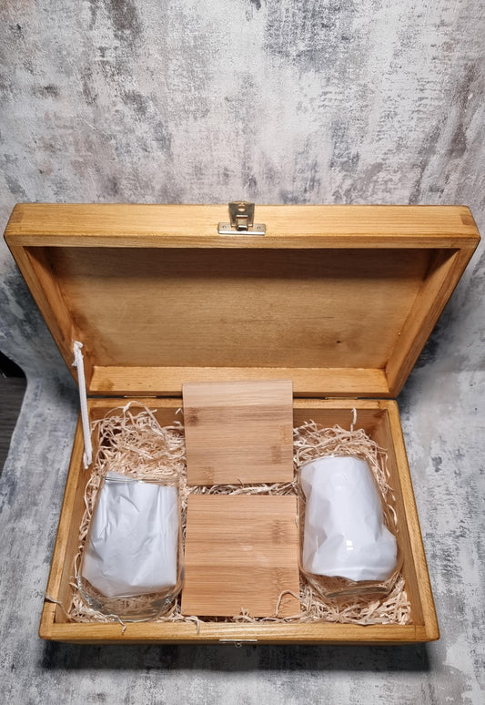 Personalised Wooden Gift Box with 2 Bamboo Coasters & Custom Glassware – Upload Your Own Design