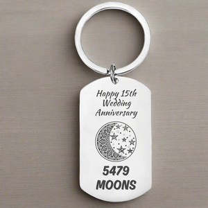 Stainless steel keyring engraved with “5479 Moons” and moon and stars design – personalised 15 year wedding anniversary gift for husband or wife