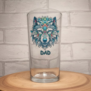 Neo-traditional wolf personalised pint glass — lifestyle shot