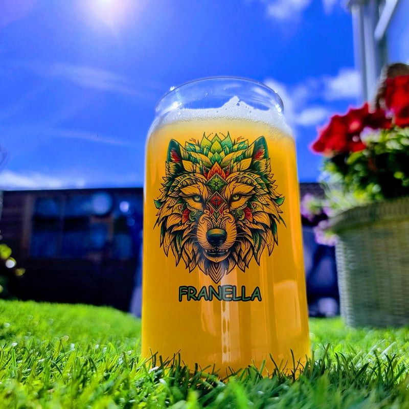Neo-traditional wolf personalised pint glass — bold colour tattoo art design, front view