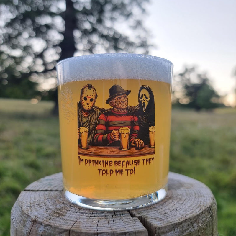 Horror icons beer glass — Jason, Freddy and Ghostface bar scene illustration, front view