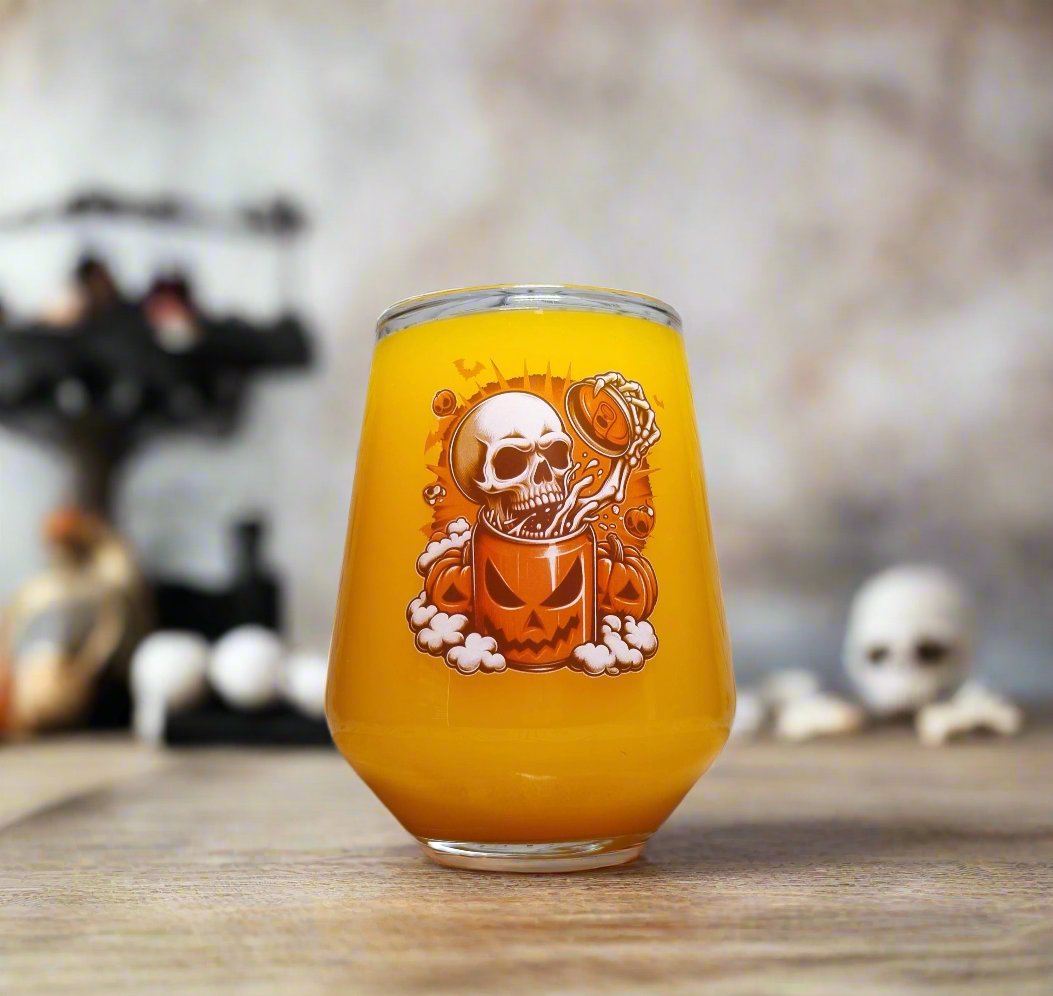 Halloween Skull Glass – Custom Printed "Skull Breaking from a Pumpkin Can" Design