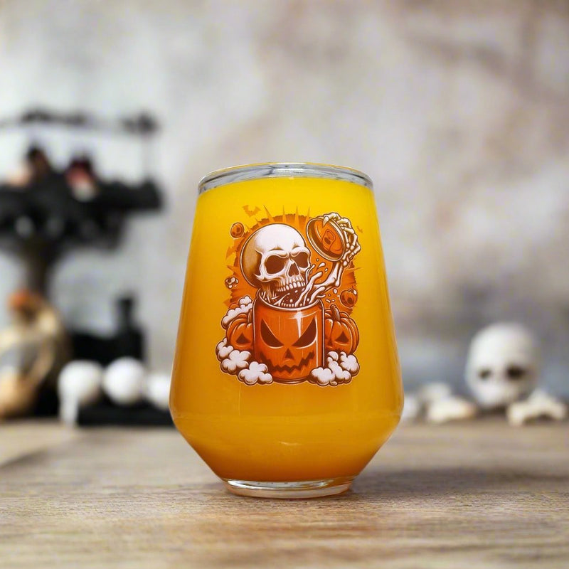 Halloween Skull Glass – Custom Printed "Skull Breaking from a Pumpkin Can" Design