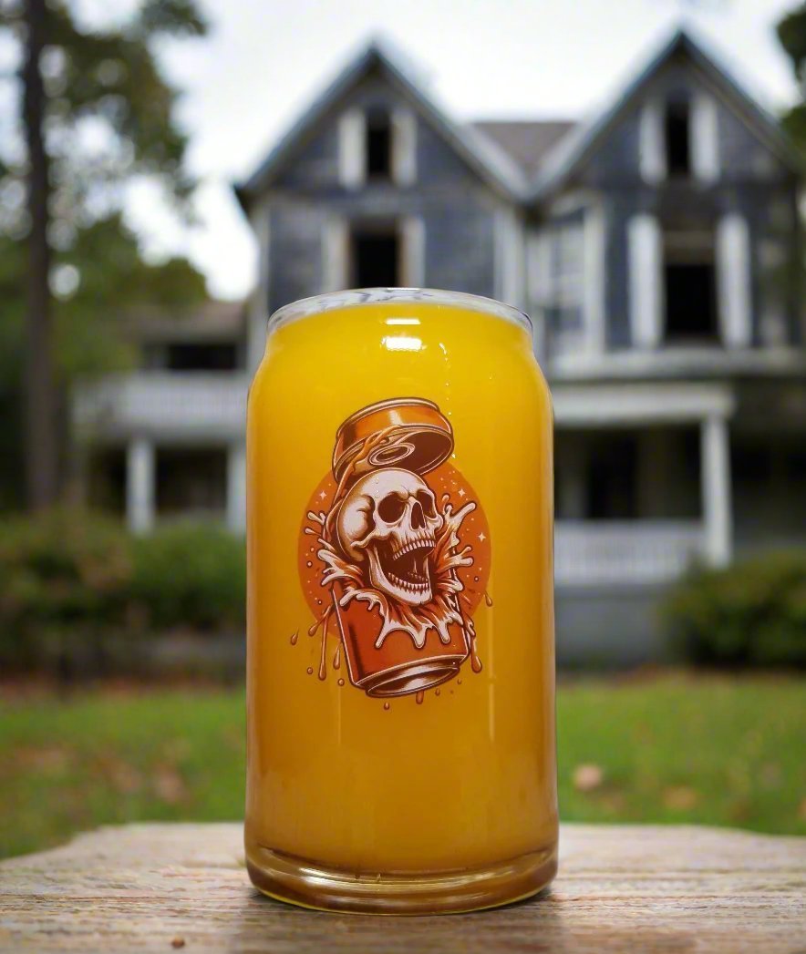 Custom Printed Halloween Glass – Skull Breaking from a Can Design – Spooky Drinkware for Halloween Parties & Beer Lovers