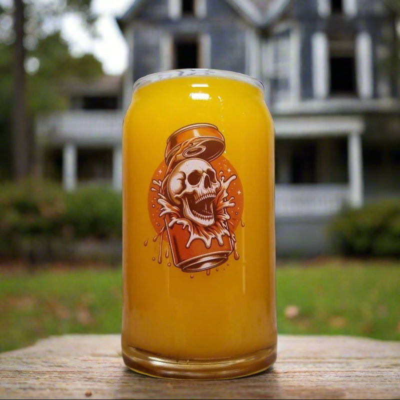 Custom Printed Halloween Glass – Skull Breaking from a Can Design – Spooky Drinkware for Halloween Parties & Beer Lovers