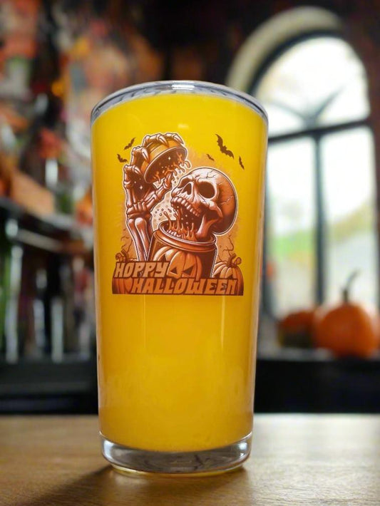 Hoppy Halloween Skull Glass – Custom Printed "Skull Breaking from a Can" Design