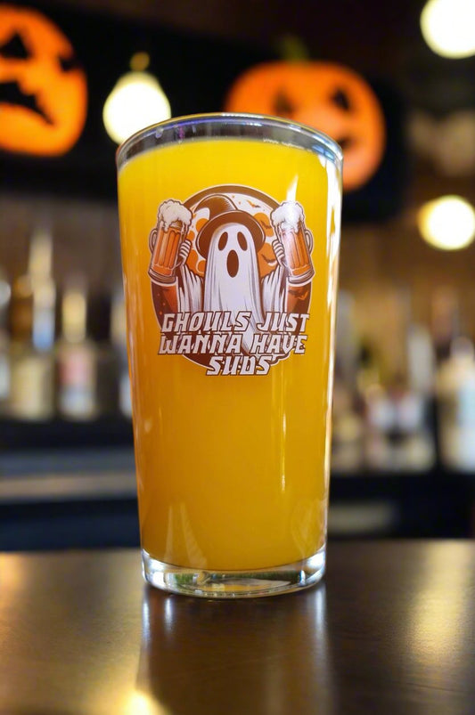 Halloween Ghost Beer Glass – Custom Printed "Ghouls Just Wanna Have Suds" Design