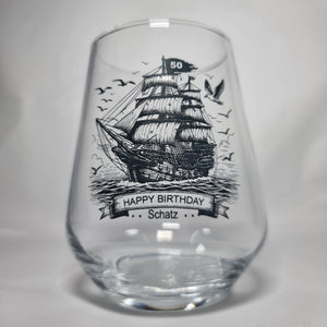 Ink printed personalised rum glass showing dishwasher-safe custom ship design with name and age