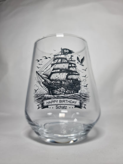 Personalised Rum Glass with Ship Design – Custom Name & Age Engraving – Nautical Gift for Him – Optional Matching Coaster – Laser Engraved Whiskey Tumbler - 18th, 21st, 30th, 40th, 50th, 60th, 70th Birthday Gift