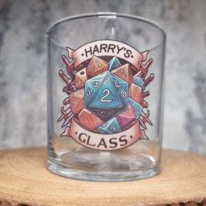 Personalised D&D Pint Glass – Custom Name Dungeons & Dragons inspired D20 Dice Beer Glass | Dungeon Master Gift | Optional Bamboo Coaster