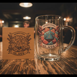 "D&D themed beer stein and wooden coaster featuring 'Seaman Jacks' tavern design with colourful d20 dice surrounded by crossed swords and nautical banners, displayed in pub setting