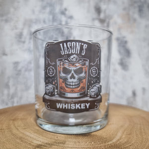 Lifestyle shot of personalised whiskey glass gift set for boyfriend or husband — wooden box with printed tumblers